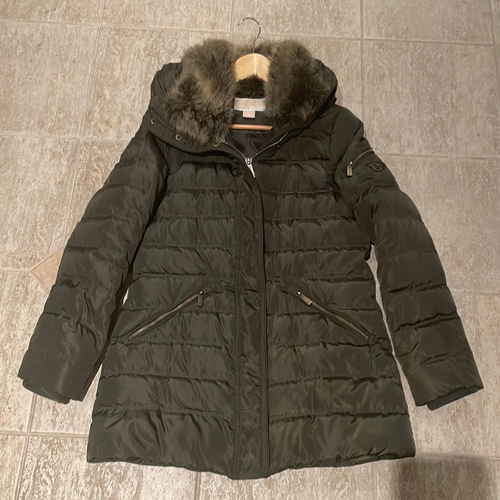 Michael Kors olive green down filled mid length jacket